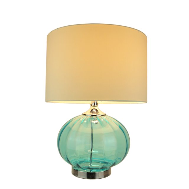 New Port Sea Blue Glass & Metal Table Lamp 22 In. Tall 15 In. White Linen Shade