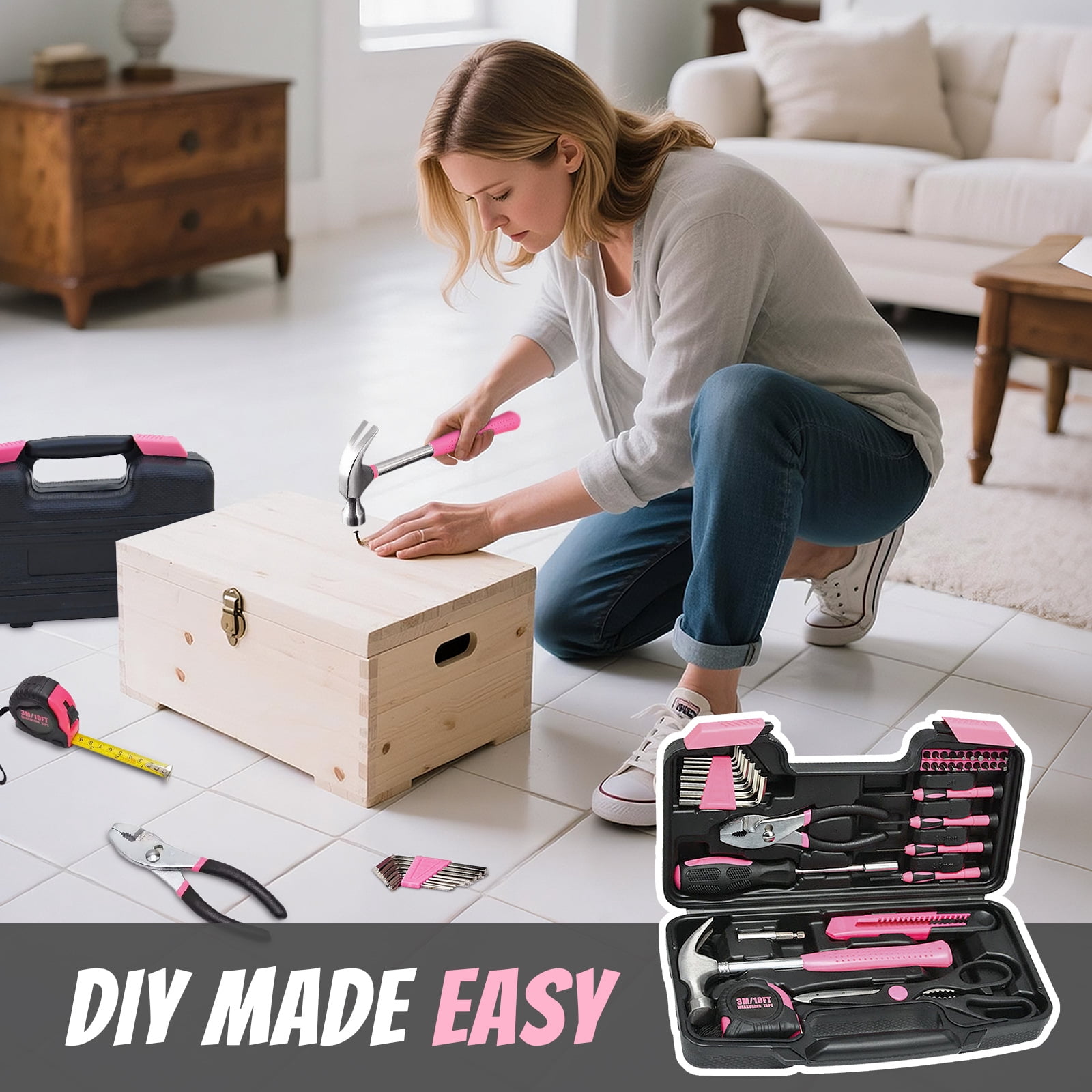 Lockways 39 PCS Pink Tool Set, with 14 Pcs Power Nuts, Basic Household Tool Kit, Fathers Day Gifts, All Purpose Tool Set with Tool Box for Home, Garage, Office and College Dormitory Use