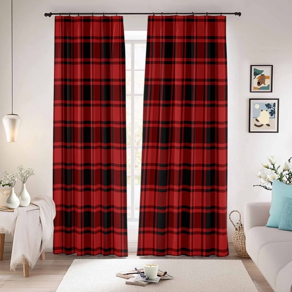 Red Black Plaid Blackout Curtains for Bedroom/Living Room, Pinch Pleated Black Out Curtains, Vintage Farmhouse Abstract Buffalo Check Room Darkening Window Drapes with Hooks 2 Panels, 39"x70"