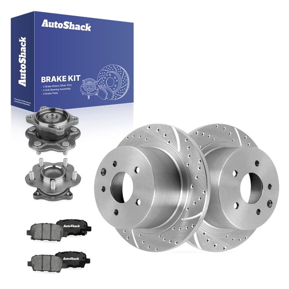 AutoShack Rear Solid Drilled & Slotted Silver Zinc Coated Brake Rotors   Ceramic Pads   Hub Bearing Assembly 8-PC Brake Kit Replacement for 2004-2008 Nissan Maxima SilverShield Pro 11.48" (291.6 mm)
