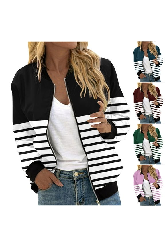 Trendy Stripe Color Block Bomber Jacket for Women Lightweight Zip Up Windproof Varsity Jacket Color Block Stand Collar Outwear with Pockets