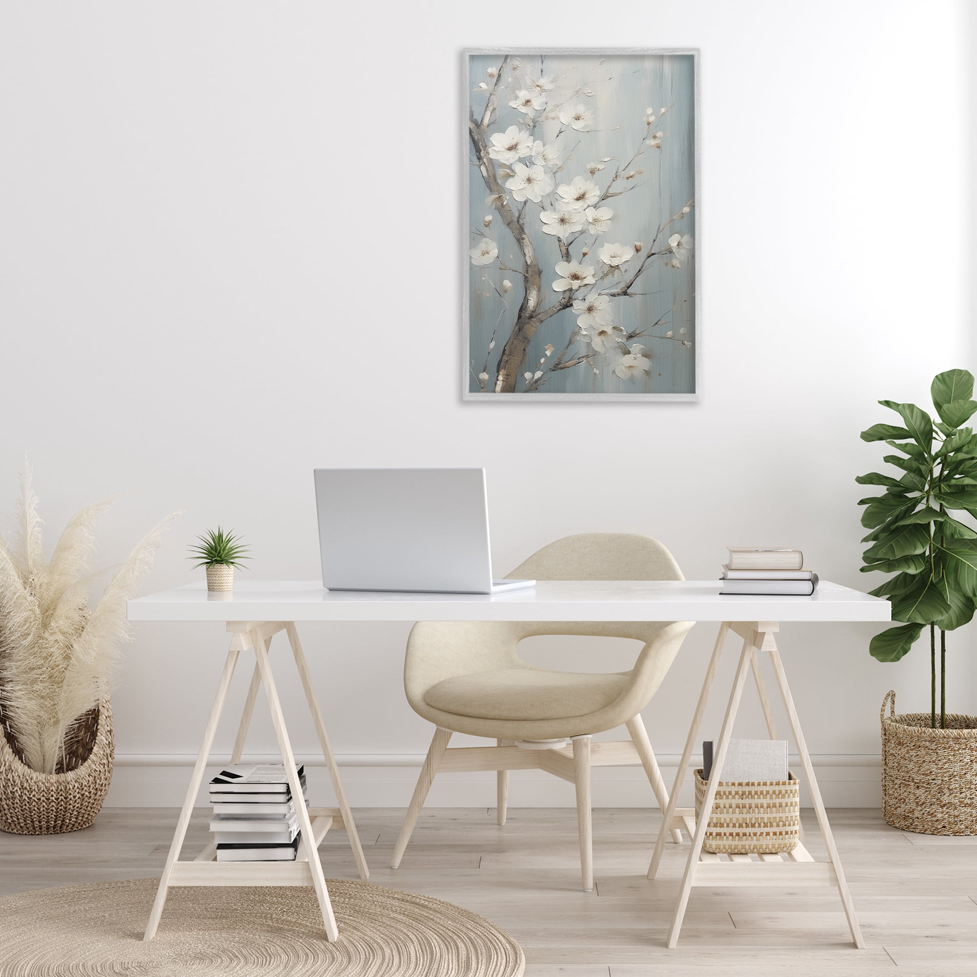 Stupell Industries White Cherry Blossoms Botanical & Floral Painting Gray Framed Art Print Wall Art, 20 x 30