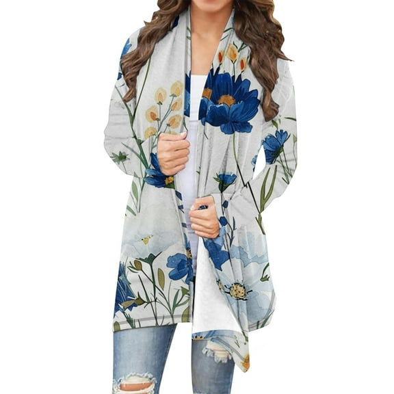 Uootdi Women's Floral Print Cardigan Duster Long Open Front Kimono Jacket Lightweight Boho Beach Cover Up Casual Spring Summer Trendy Outerwear White Women Top