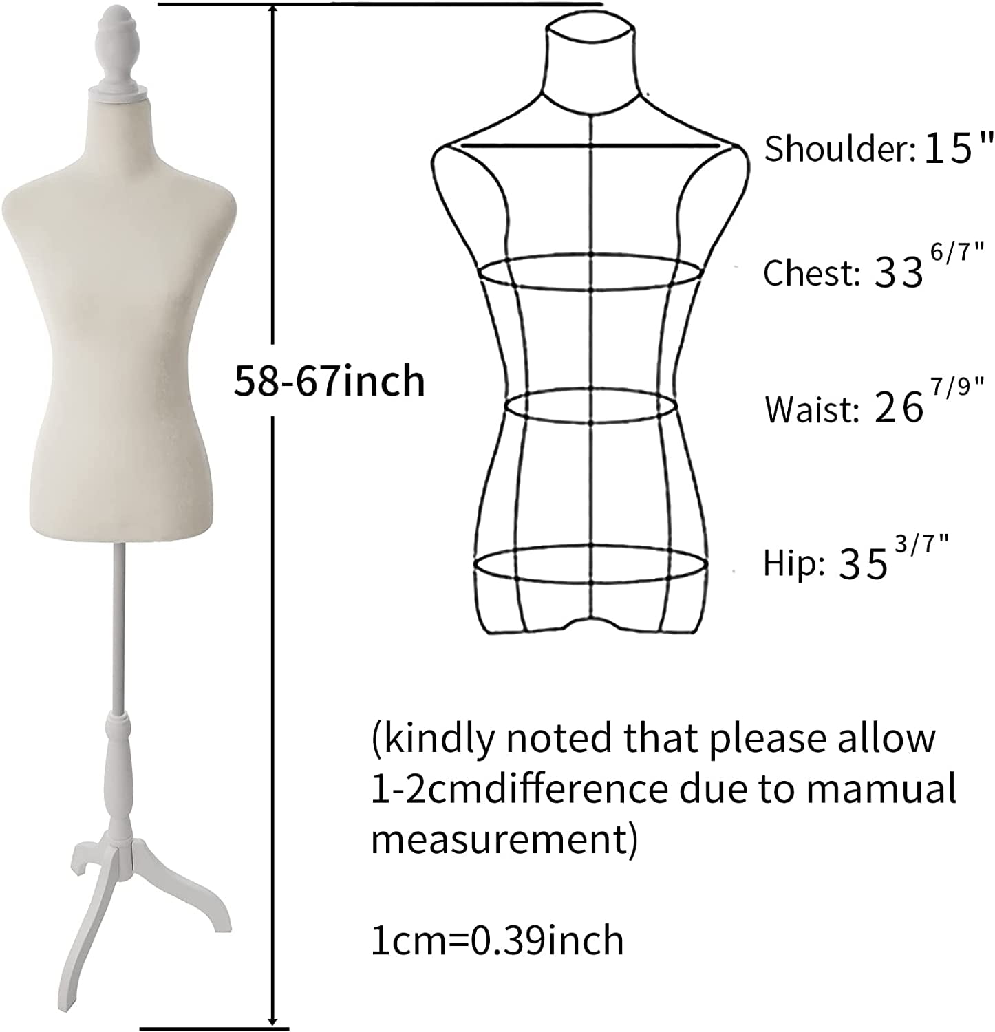 FreeLung Female Mannequin Torso Dress Form Adjustable Tripod Stand Base Style (Beige)