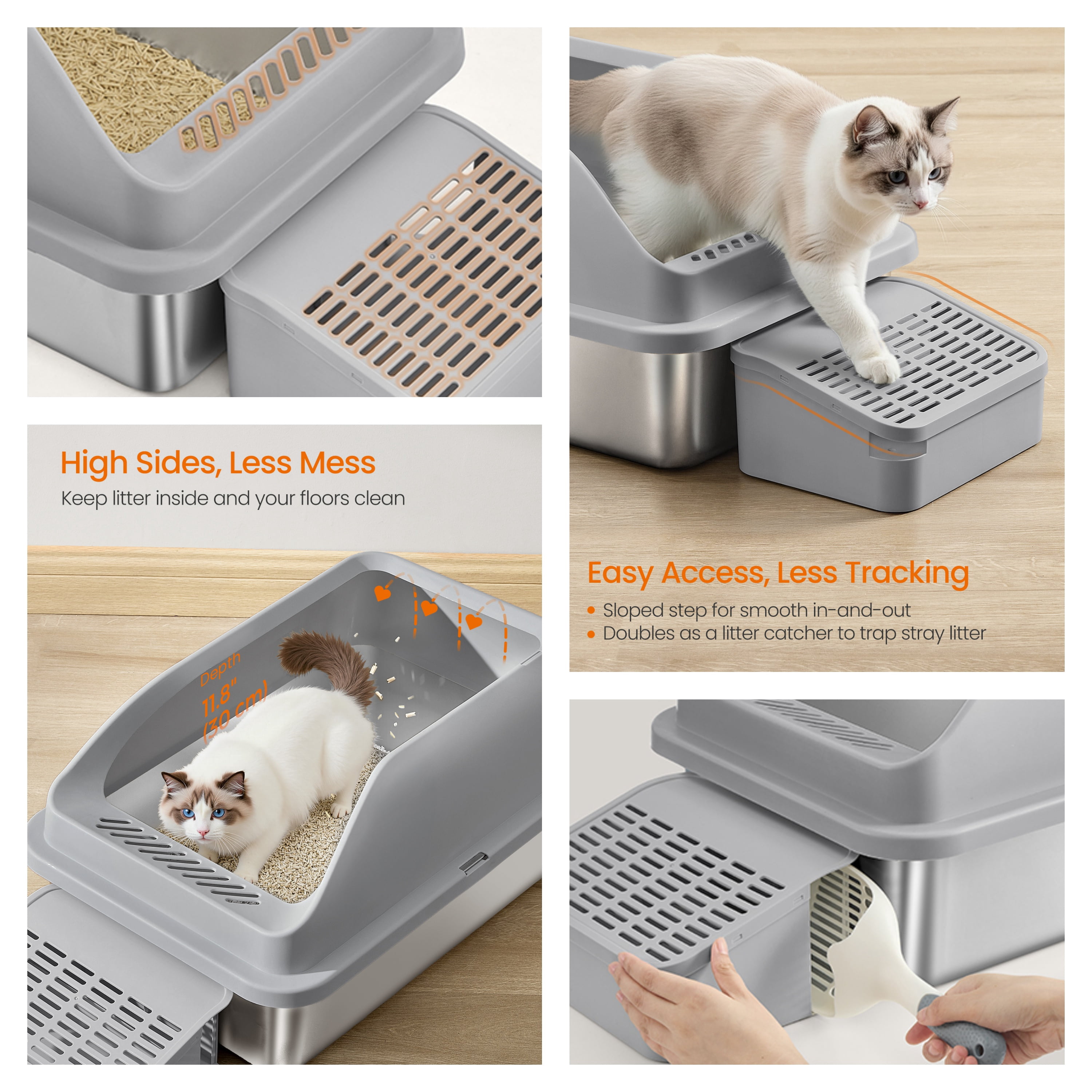 LEDREM Stainless Steel Open Top Cat Litter Box with Step, High-Sided Litter Tray for Cats up to 33 lb, Slate Gray