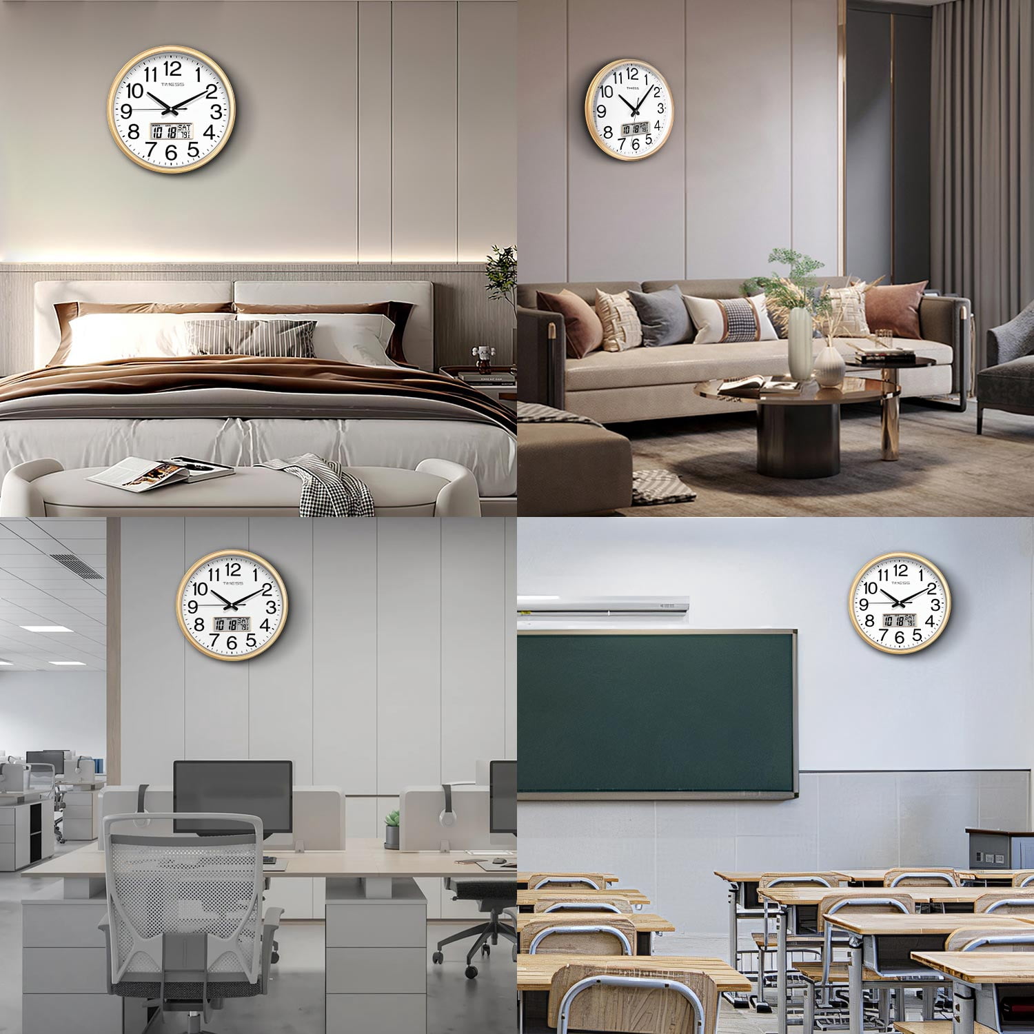 TIMESS 13" Digital Wall Clock with Gold Frame, Calendar & Temperature Display, Silent Movement