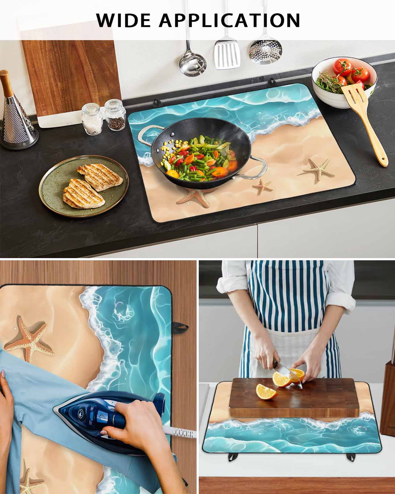 nqOlkjepod Large Induction Cooktop Protector Mat 24"x21", Ocean Beach Stove Top Covers for Electric Stove, Starfish Sea Waves Coastal Seaside Sand Stove Burner Cover Mats, Glass Top Stove Cover