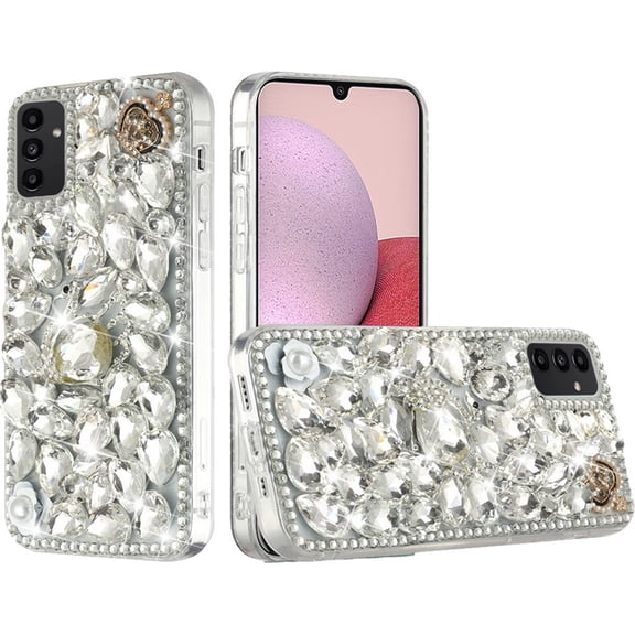 For Samsung Galaxy A14 5G Bling Crystal 3D Full Diamonds Luxury Sparkle Rhinestone Hybrid Protective Cover ,Xpm Phone Case [ Silver Swan Crown Pearl ]