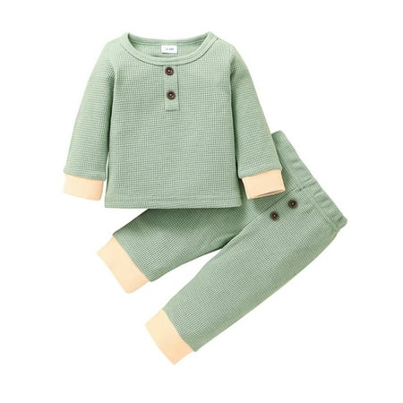 

Toddler Baby Boy Girl Outfit Button Patchwork Long Sleeve Sweatshirt Tops Pants Clothes Set