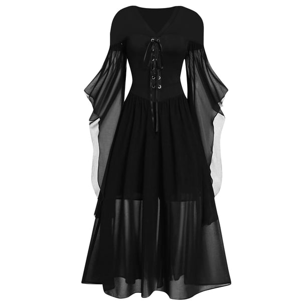 Gibobby Vestido invierno mujer Vestidos de cóctel para mujer Moda estilo gótico 1950s Vestido midi vintage Croset Manga larga acampanada Una línea Vestido de fiesta(Negro, XXL)