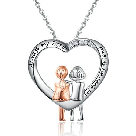 TANGPOET Sister Necklace 925 Sterling Silver with 18K White Gold, Always My Sisters Forever My Friend, Jewelry Gifts for Friends Girls Birthday Graduation
