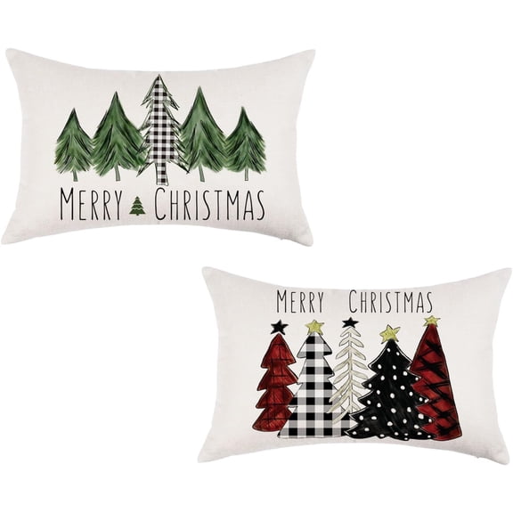 Christmas Pillow Covers 12x20 Inch Set of 2 Trees Red Black Green Buffalo Plaid Decorative Lumbar Pillowcases Winter Holiday Cushion Cases for Christmas Decorations