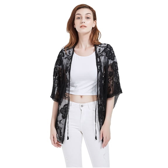 Womens Short Embroidered Lace Kimono Crop Cardigan with Half Sleeves