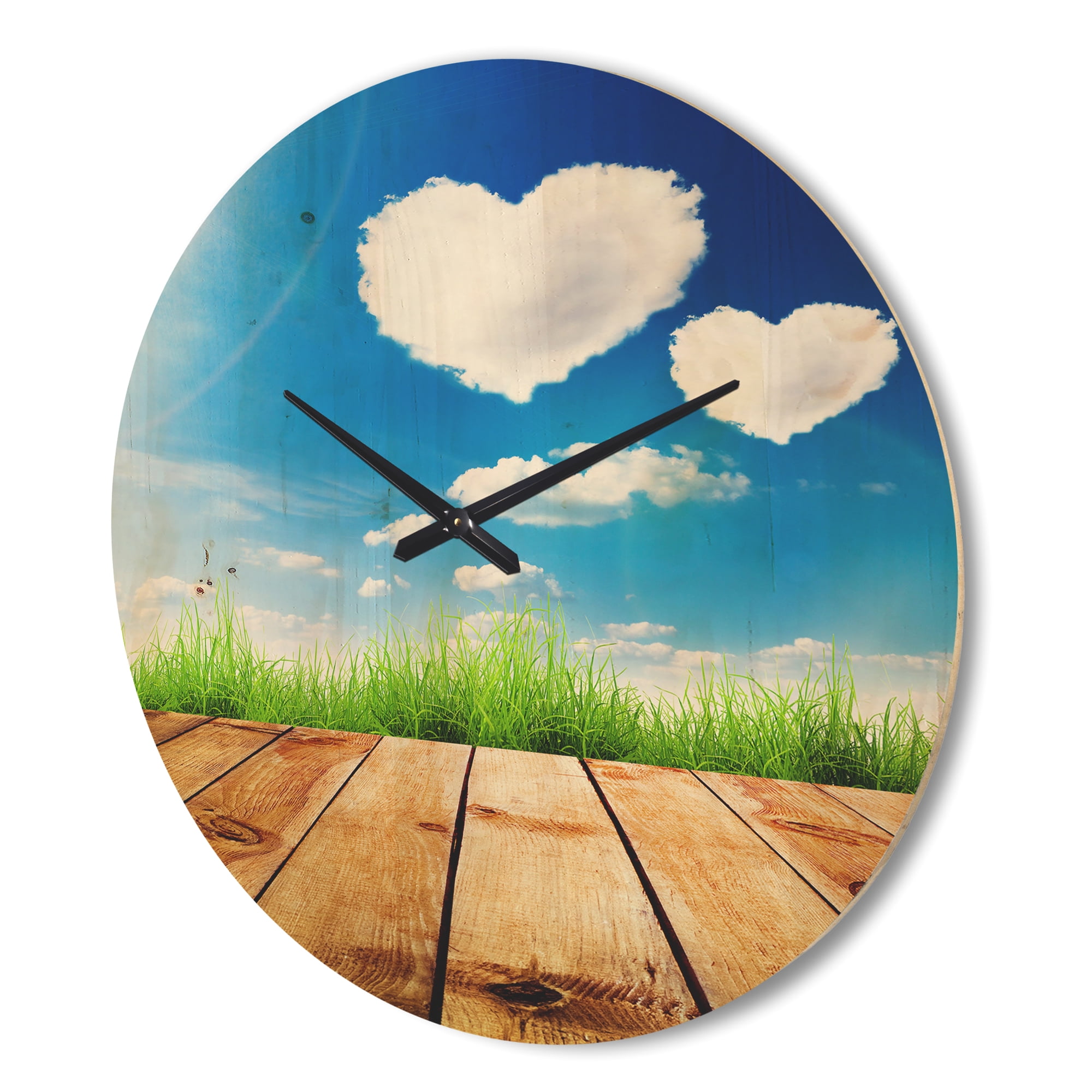 Designart 'Cloud Hearts on Blue Sky Grass Field' Farmhouse Wood Wall Clock