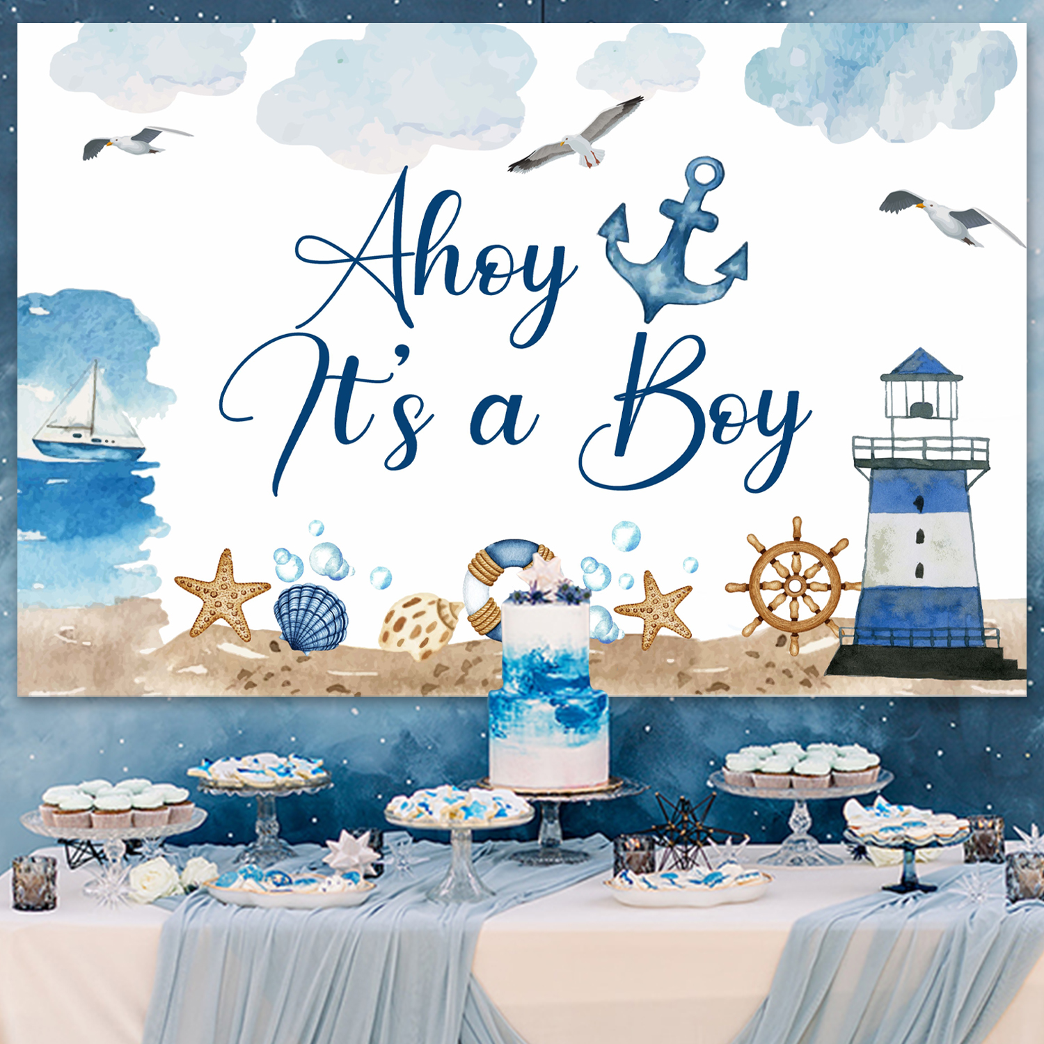 Nautical Baby Shower Decorations for Boy, Ahoy It’s A Boy Printed Background and Blue Theme Balloon Arch Kit for Kids Baby Shower Party Decoration Supplies.