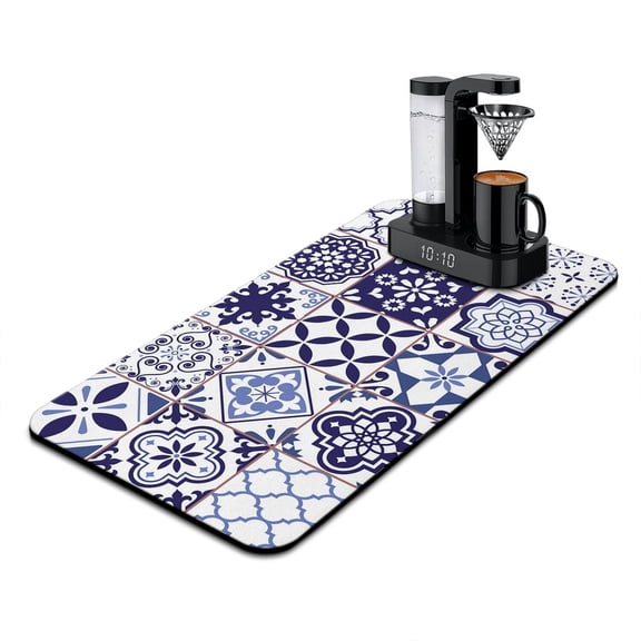 Washable Rubber Boho Style Vintage Floral Dish Drying Mats for Kitchen Counter Home Large Coffee Bar Pad Accessories and Decor for Utensils Stemware 17''x31.5''