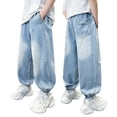 thumbnail image 2 of ZHOGXU Big Kids Boys Denim Pants Elastic Waist Straight Leg Comfortable Stretch Trousers With Pockets For Casual Daily Wear,Sky Blue,5-6 Years, 2 of 6