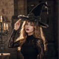 thumbnail image 4 of Womens Witch Hat with Organza Trim and Ribbon Tails, Wide Brim Pointed Cone Costume Hat, Wizard Headwear for Halloween Party Dress Up Cosplay Black, 4 of 5