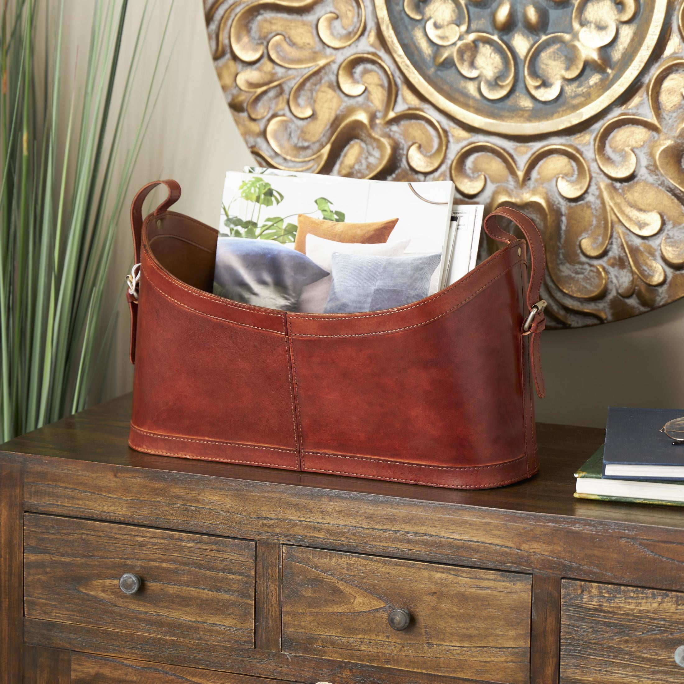 DecMode 12" Brown Leather Handmade Curved Box Style Single Slot Magazine Holder with Buckle Handles