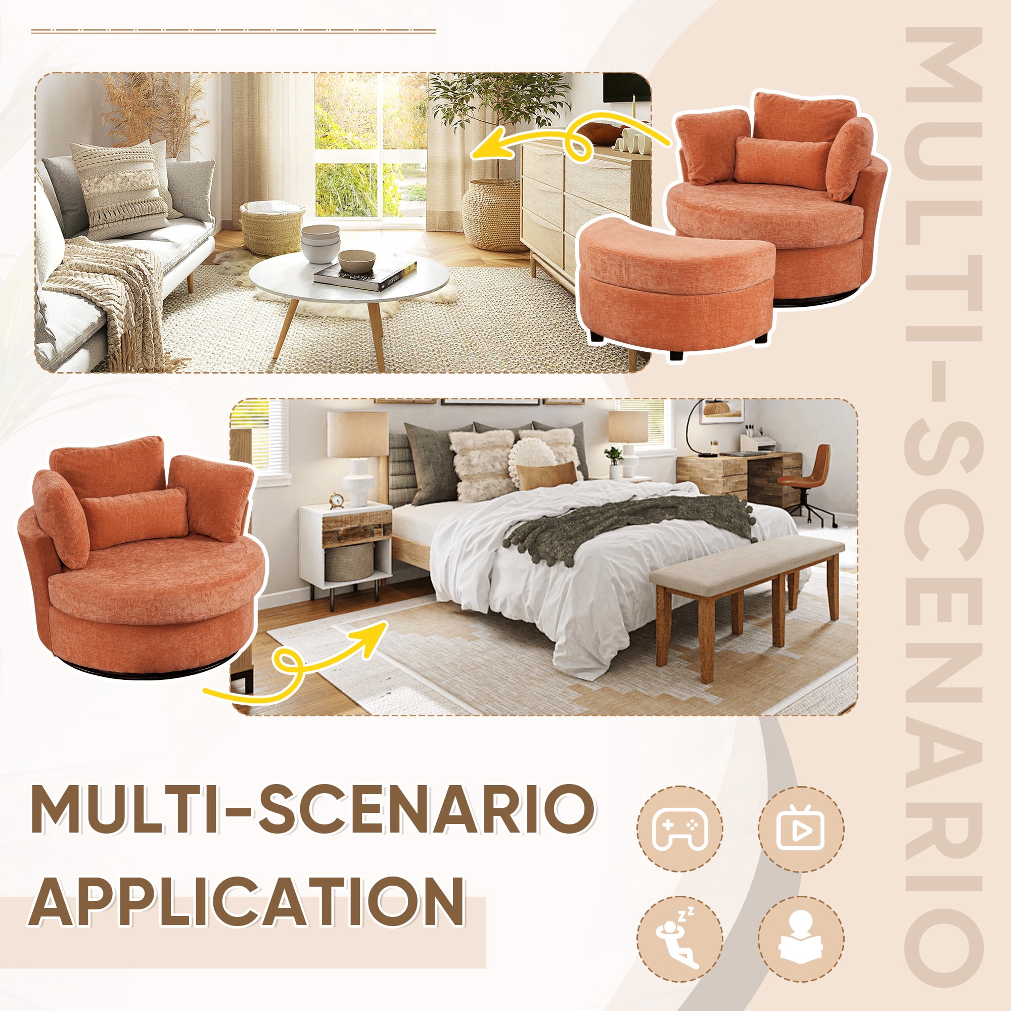 Lunale Oversized Swivel Barrel Accent Chair, Teddy Adult Comfy Reading Armchair, Orange