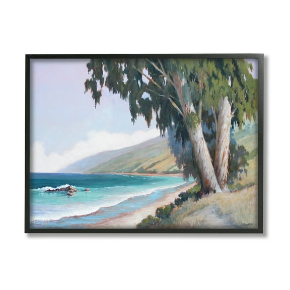 Stupell Seaside Vegetation Beach Waves Cove Landscape Painting Black Framed Art Print Wall Art