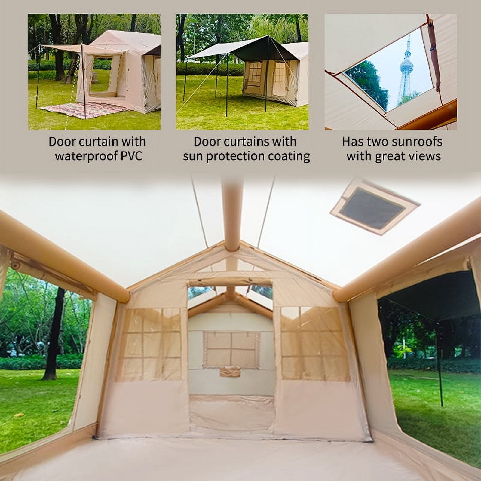 10-12 People Large Inflatable Tent, Easy Setup Glamping Tent with Hand Pump,4 Season Available  Air Tent , Waterproof Blow up Tent for Party