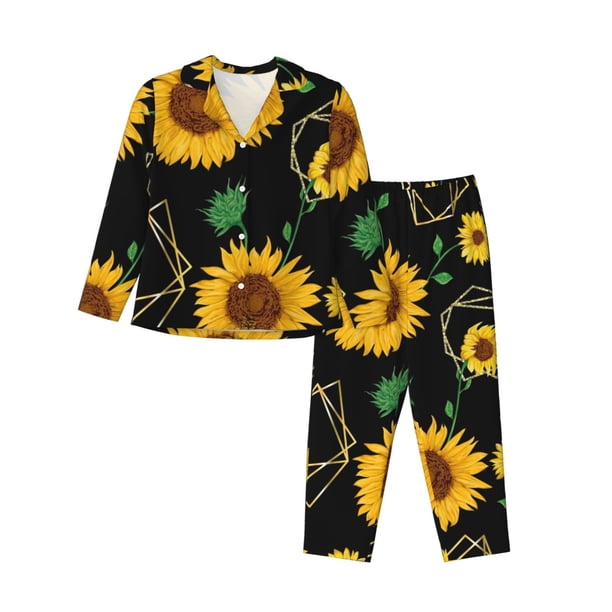 Balery Sunflowers3 Conjunto de Pijama con Estampado para Mujer, Conjunto de Dos Piezas con Manga Larga, Ropa de Dormir Suave con Bolsillos, Pijamas Cómodos-Small