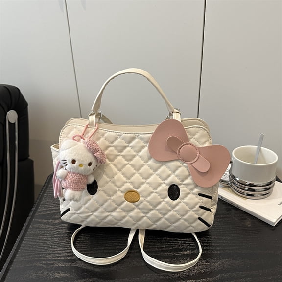 Cute Hello Kitty Quilted Convertible Bag with Plush Pendant,2-in-1 Handbag Crossbody Bag for Women,Kawaii Cartoon Tote with Pink Bow