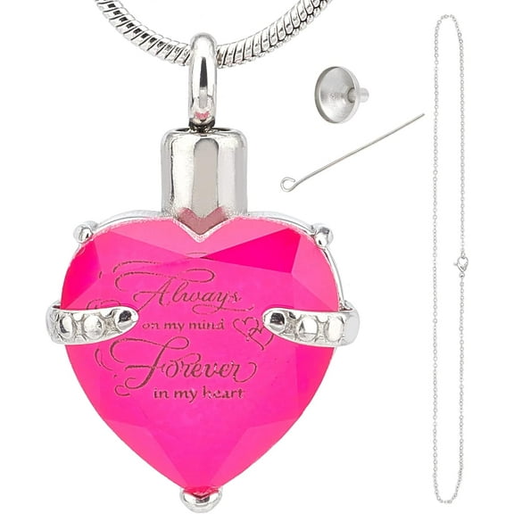 Heart Cremation Urn Necklace for Ash Birthstone Memorial Keepsake Pendant Always on My Mind Forever in My Heart Ash Holder Stainless Steel Waterproof with Fill Kit(October-Magenta) colorful