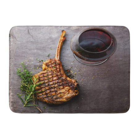 GODPOK Above BBQ Grilled Beef Barbecue Veal Rib Steak on Bone and Red Wine Stone Slate Directly Flat Rug Doormat Bath Mat 23.6x15.7