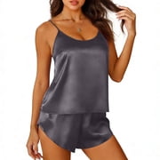 SwiftWear Women's 2 Piece Satin Backless Pajama Set Cami Top & Shorts Sleeveless Nightwear with Tie Detail for Loungewear