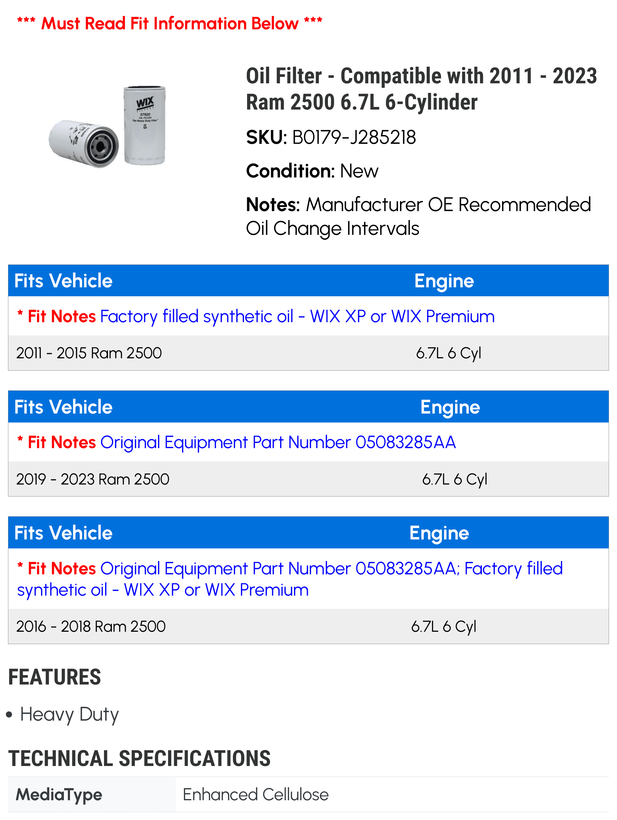 Oil Filter - Compatible with 2011 - 2023 Ram 2500 6.7L 6-Cylinder 2012 2013 2014 2015 2016 2017 2018 2019 2020 2021 2022