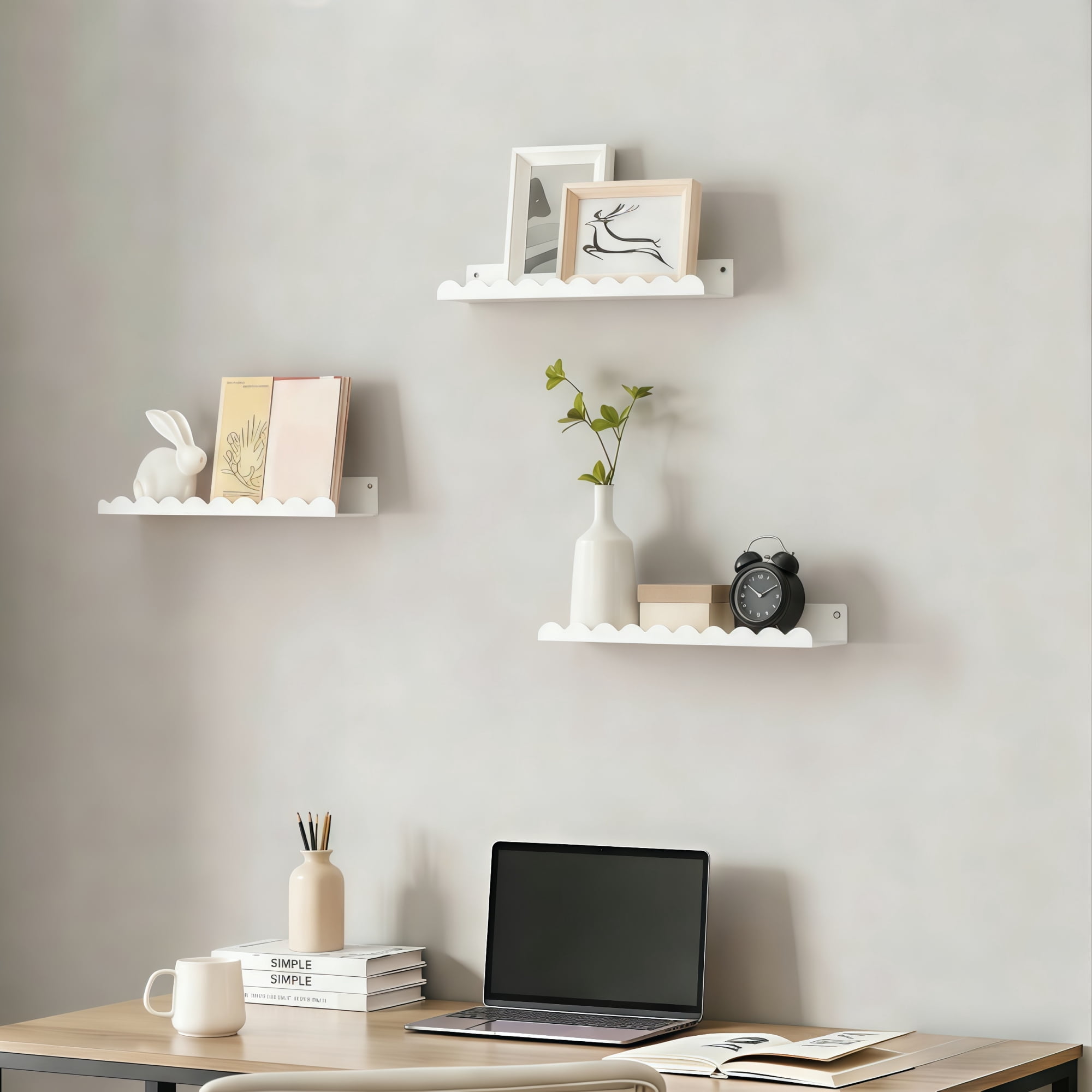 6-Piece White Nursery Book Shelves,  Metal Floating Shelves for Wall, 16 Inch Scalloped Book Shelf for Kids Room, Bathroom, Bedroom, Playroom Wall Decor(6 Count)