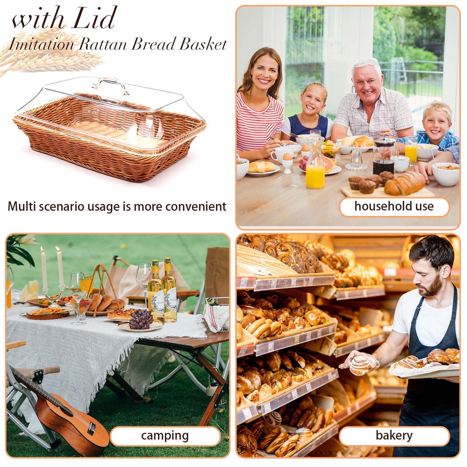 Kitchen Imitation Rattan Bread Basket,13.8''x9.8'' Large Wicker Bread Basket with Acrylic Lid,Tabletop Food Serving Basket, Fruit Tray, Rattan Food Serving Tray for Kitchen,Dining,Restaurant,Brown
