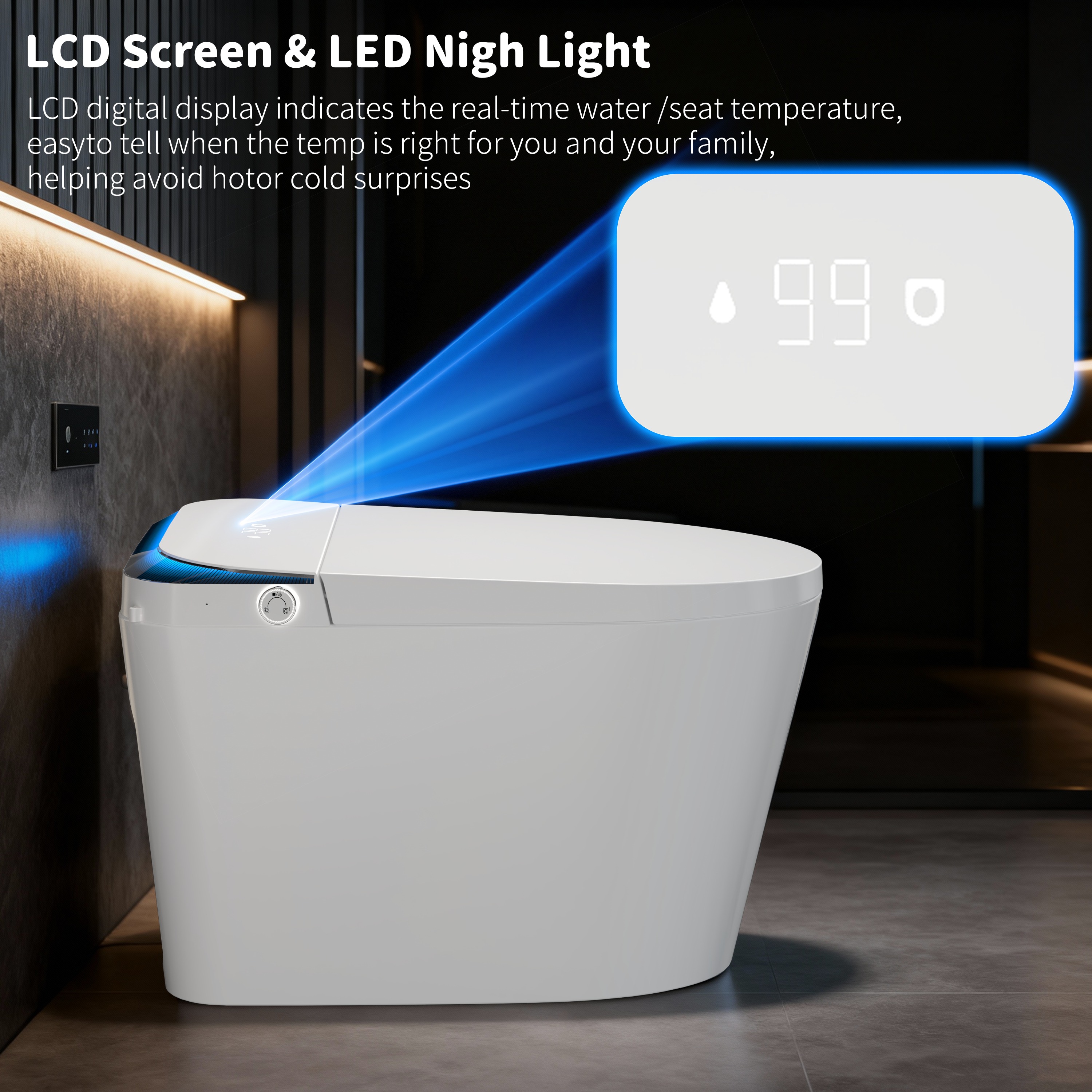 Smart Toilet with Radar Auto Lid, Foot Sensor Control, Heated Seat & Foam Shield - LED Display, Dual Flush & Energy-Saving Mode