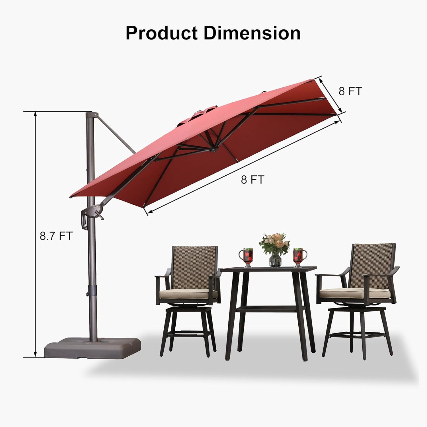 PURPLE LEAF OUTDOOR 8' X 8' Cantilever Patio Umbrella Antique Bronze Square Umbrella with 360° Rotation and Aluminum Offset Hanging Outdoor Umbrella for Pool Garden Backyard Deck, Brick Red
