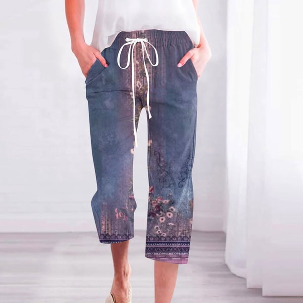 ICHUANYI Clearance Women's Casual Solid Elastic Waist Loose Long Pants With Pocket Capris(Blue, L) ICHUANYI WER2023081002283