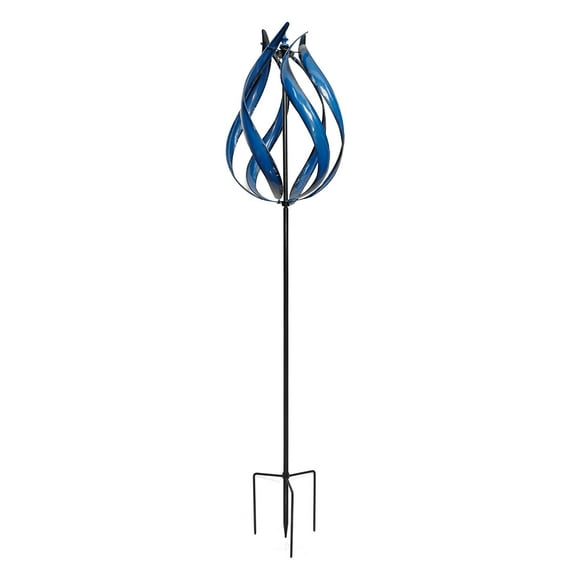 XL Ice Blue Fire Flame Metal Wind Spinner Large Kinetic Windmill Sculpture Garden Stake Patio Decor 3D Yard Art