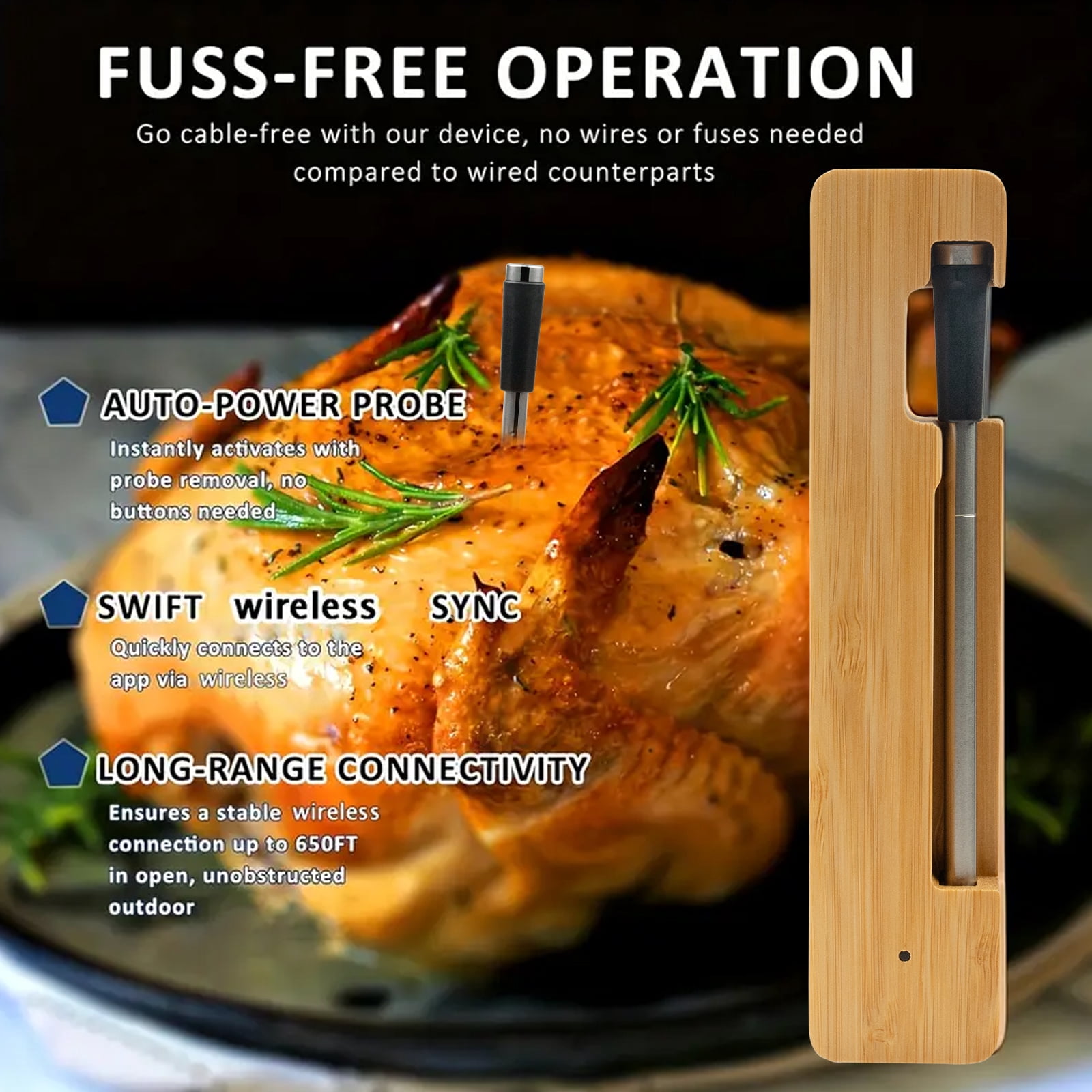 Wireless Digital Food Thermometer,Smart Bluetooth Meat Thermometer with App,656 Ft Range,Grill Thermometer for Outside,Dual Probes