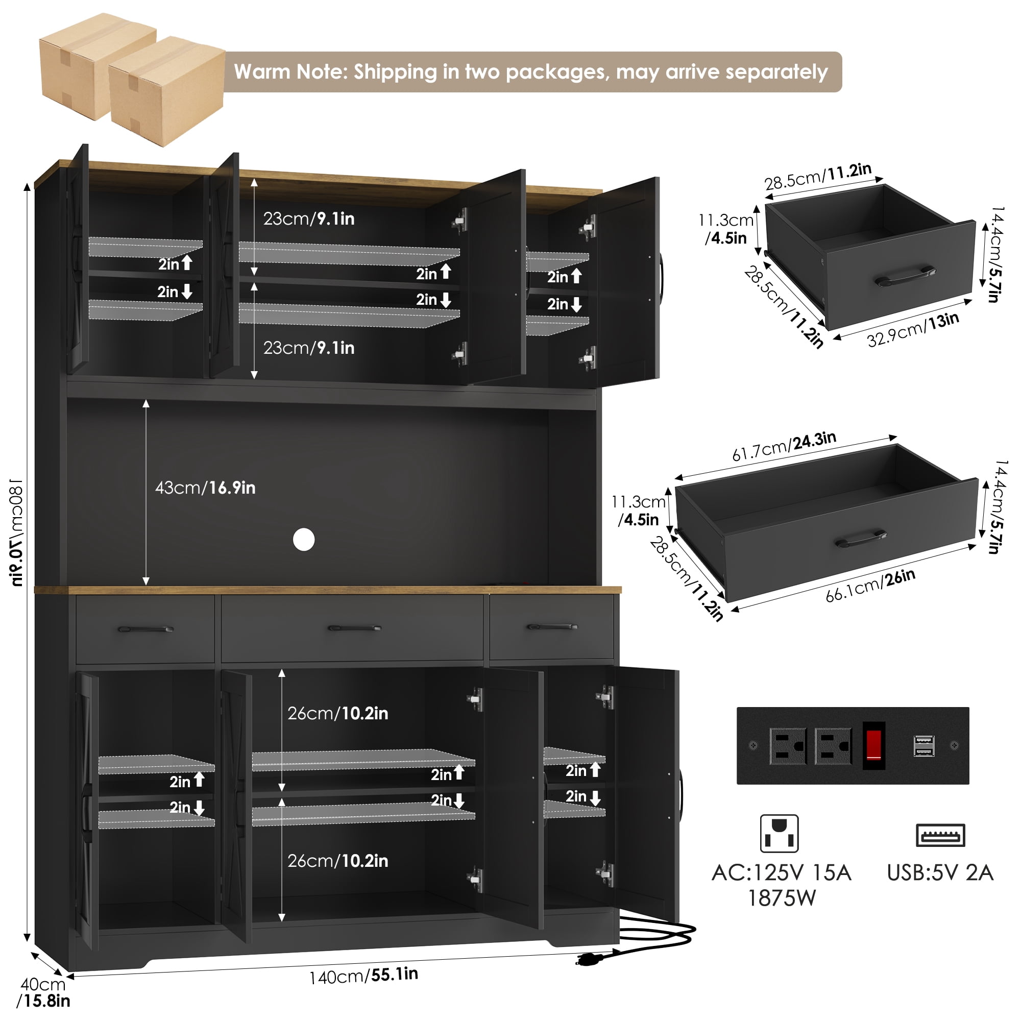 Homfa Kitchen Pantry with Hutch and Drawers, 71" Tall Storage Cabinet with 55" Wide Countertop and Built-In Power Outlet, Farmhouse Coffee Bar for Dining Room, Black & Rustic Brown