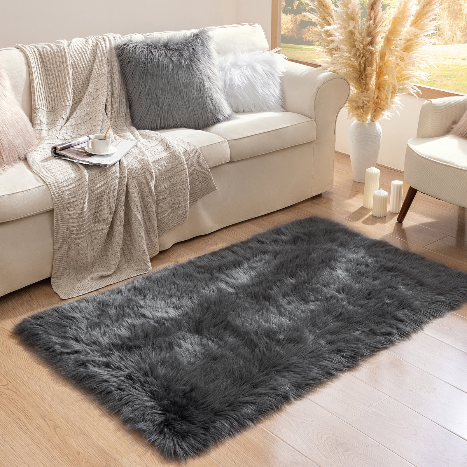 Phantoscope Faux Fur Area Rug, Fluffy Dark Gray Shag Carpet, Ultra Soft Machine Washable Indoor Area Rug, 2' x 3', for Living Room, Bedroom, Nursery & Kids Room
