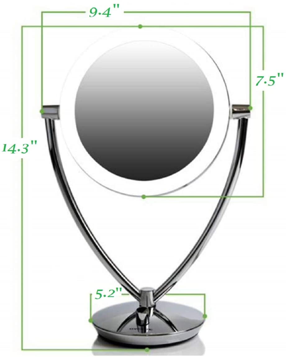 OVENTE 8" Lighted Tabletop Makeup Mirror with 1X/5X Magnification, Double-Sided Magnifying Vanity Mirror, Dimmable LED Lights, 360° Swivel Design and Dual Power Supply, Polished Chrome MLT75CH1X5X