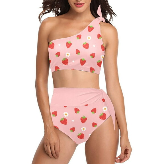 Women Two Piece Pink Strawberry Swimsuit One Shoulder Bathing Suit Sleeveless Top High Waist Panty Set Swimwear