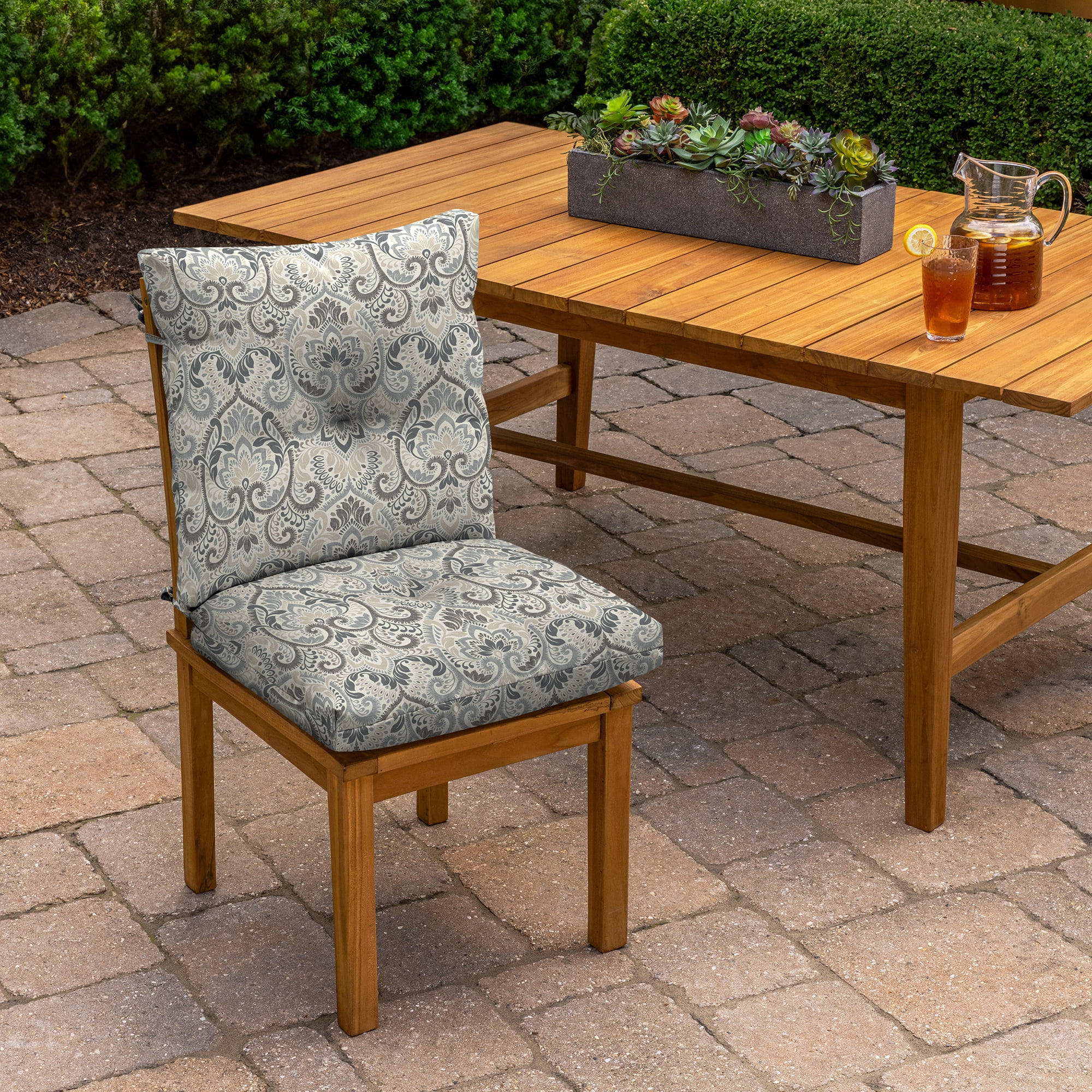 ARDEN Outdoor Plush Modern Tufted Blowfill Dining Chair Cushion, 21 x 40, Water Repellent, Fade Resistant, Tufted Cushion for Dining and Bistro Chairs, Neutral Aurora Damask