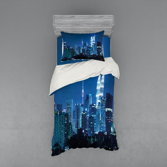 Ambesonne Landscape Bedding Set 3 Pcs, Kuala Lumpur Skyline, Twin, Navy Black