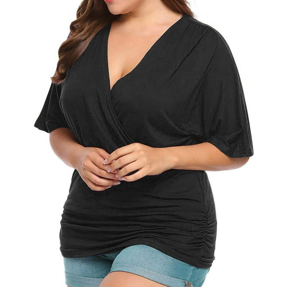 USSUMA Women Plus Size Tops Blouse Short Sleeve V-neck Blouse Pleated Hem Shirt Clearance Black XXXL