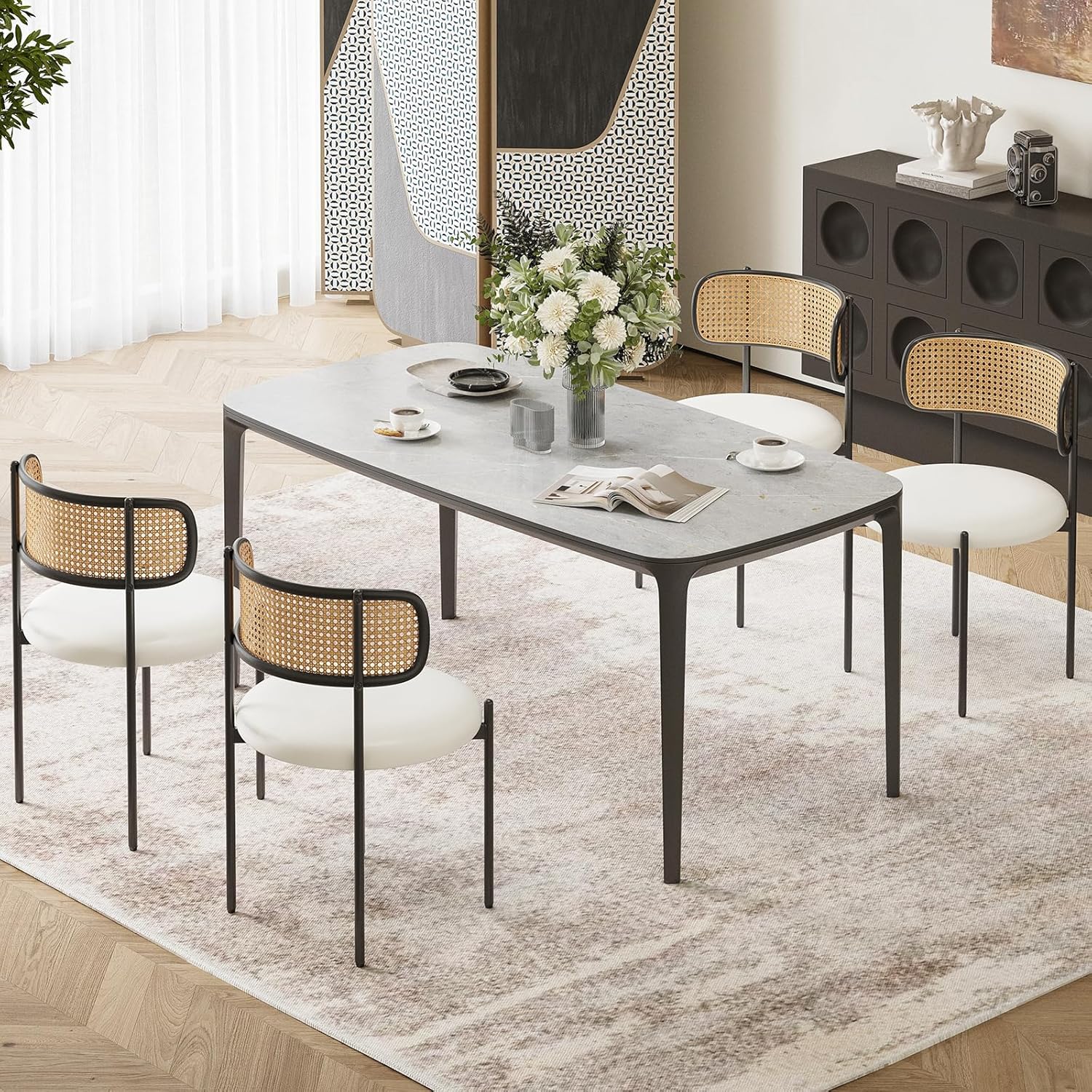 Farini Dining Chairs Set of 4, Upholstered PU Leather & Woven Rattan Side Chairs with Metal Legs for Kitchen, Dining Room, or Cafe, Beige