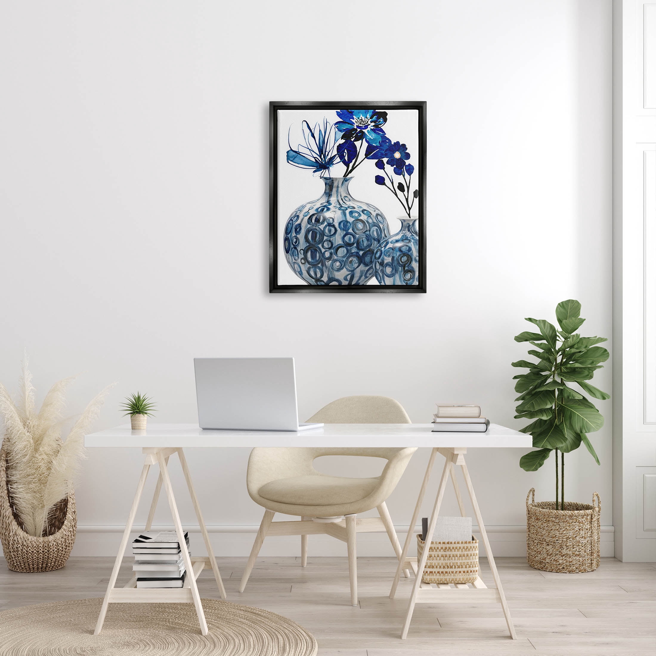Modern Blue Flower Arrangement Botanical & Floral Graphic Art Jet Black Framed Art Print Wall Art