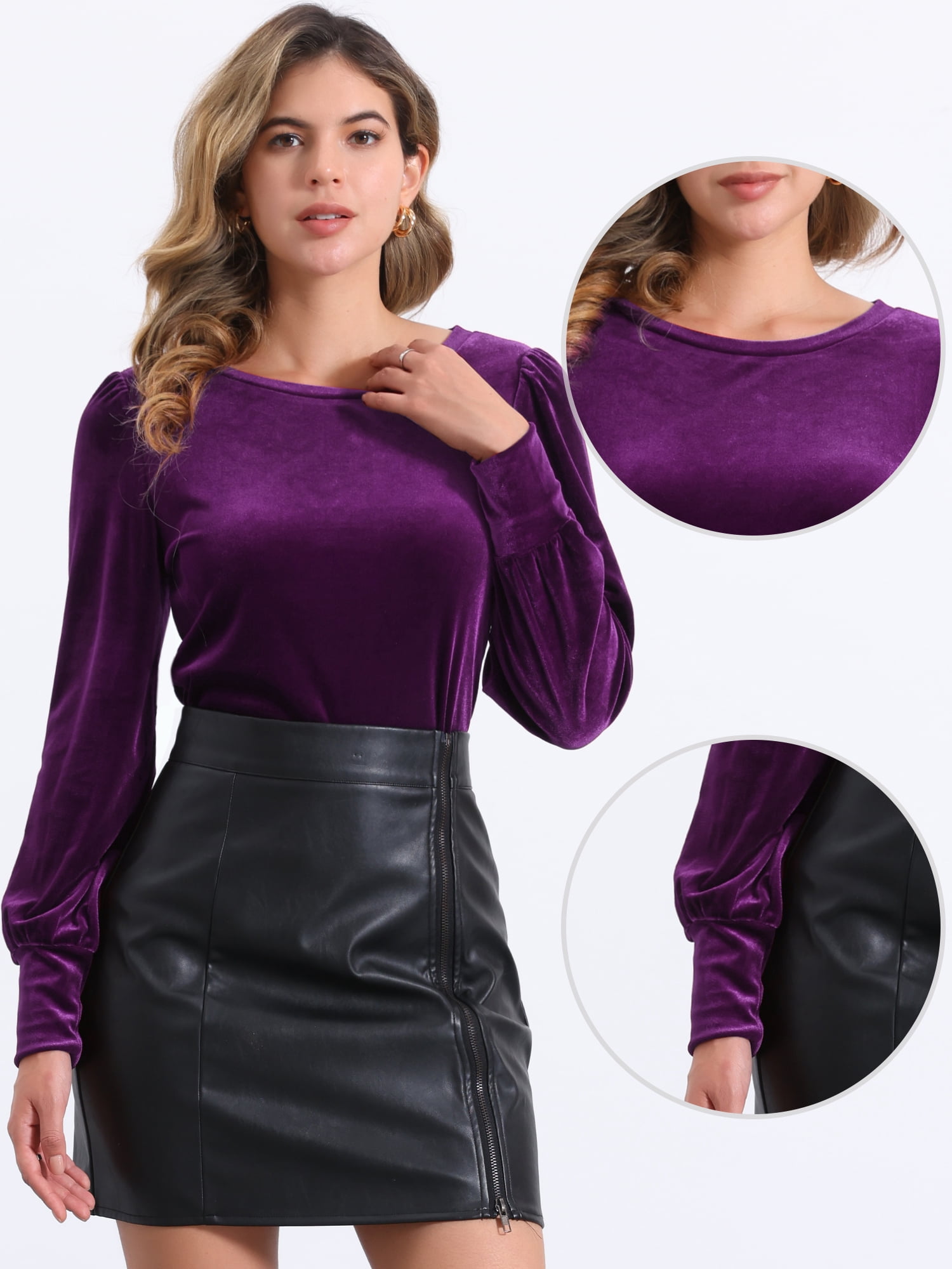 DARING DIVA Women's Velvet Crew Neck Puff Long Sleeve Blouses XL Purple