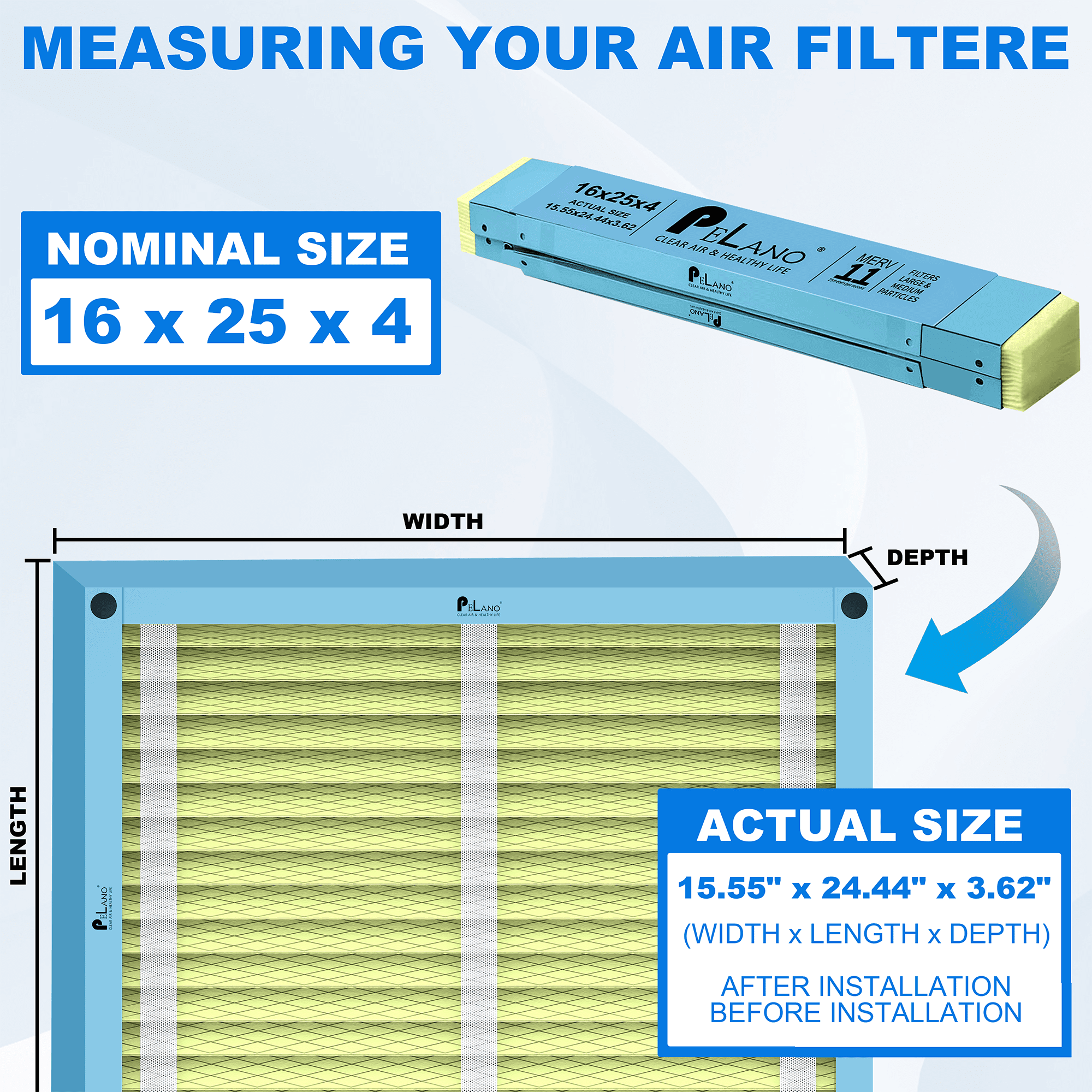 Pelano 16x25x4 HVAC Furnace Air Filter, MERV 11 Filters, Foldable Design, Actual Size: 15.55’’x24.44’’x 3.62’’-2PACK